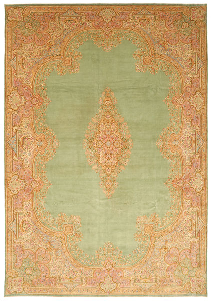 Kerman Tapete 394X570 Oriental Feito A Mão Castanho Claro/Verde Claro Grande (Lã, Pérsia/Irão)
