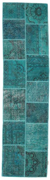 Patchwork Teppe 80X302 Ekte Moderne Håndknyttet Teppeløpere Mørk Turkis/Turkis Blå (Ull, Tyrkia)