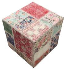 Patchwork Stool Ottoman Matto 50X50 Itämainen Käsinsolmittu Neliö Vaaleanruskea/Tummanharmaa (Villa, Turkki)