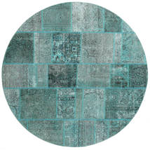 Patchwork Matta Ø 200 Äkta Modern Handknuten Rund Turkosblå/Turkosblå (Ull, Persien/Iran)